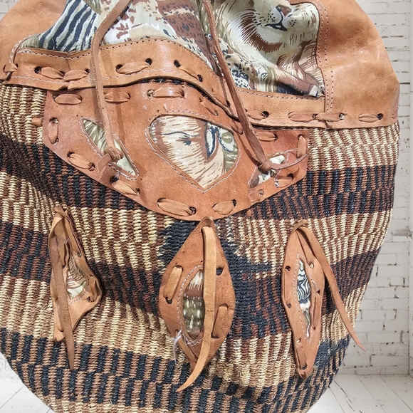 African Woven Sisal Leather Trim XL Safari Themed Bucket Drawstring Backpack main image 12